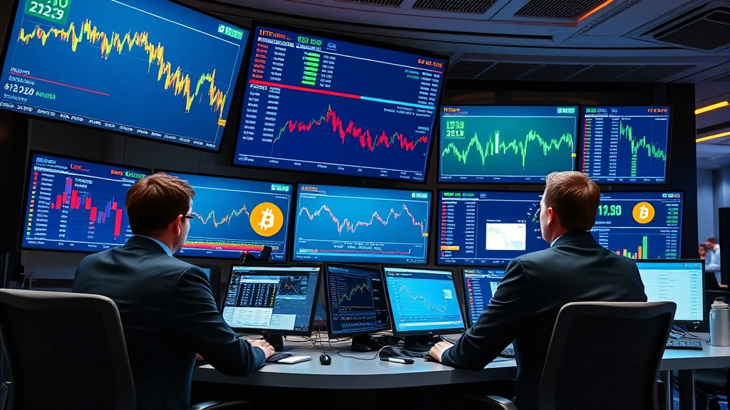 Professional institutional trading floor with multiple screens displaying Bitcoin price charts and data, traders in business attire analyzing markets, modern office environment with sleek technology setup