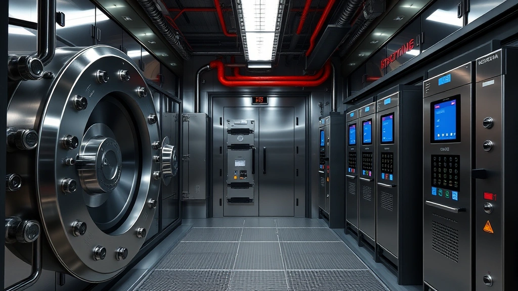 Secure cryptocurrency vault interior with steel doors, multiple security layers, biometric access panels, and cold storage equipment, representing institutional-grade digital asset custody infrastructure