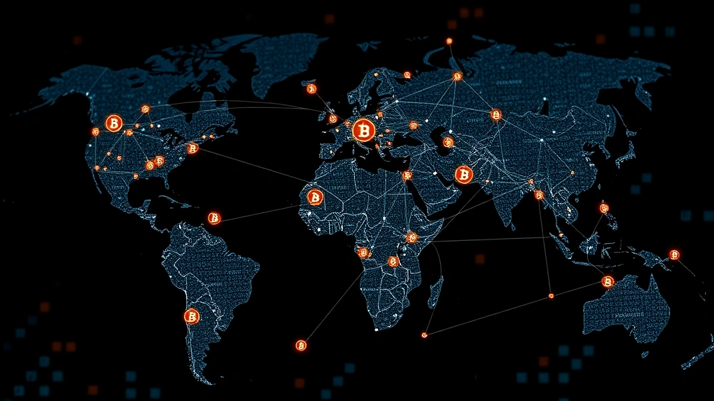Global financial network visualization showing interconnected nodes and data flows, representing institutional Bitcoin adoption and blockchain technology integration into traditional finance