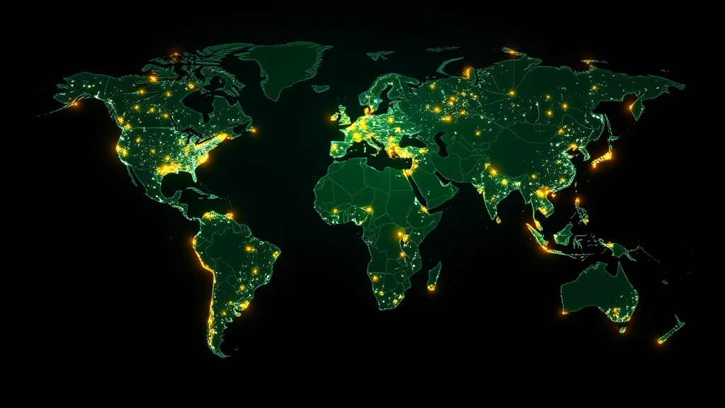 Global map showing distributed network nodes as glowing points connected by light streams across continents, representing Bitcoin's worldwide decentralized infrastructure