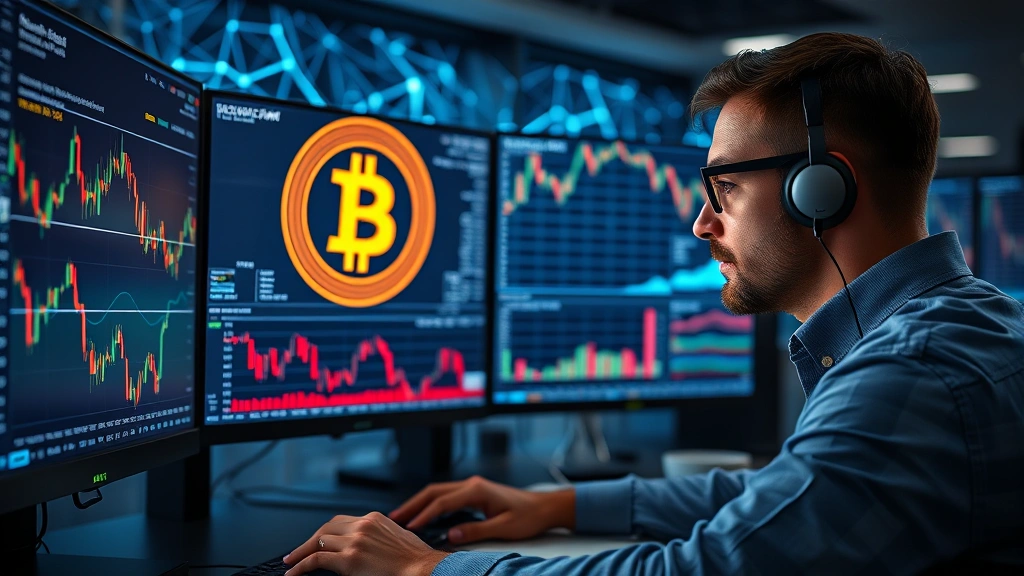 Photorealistic image of a professional analyst studying Bitcoin price charts on multiple high-resolution monitors in a modern financial office, with blockchain network visualization in the background, focused concentration on technical analysis