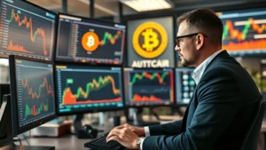 Photorealistic image of a professional analyst reviewing cryptocurrency market data on multiple screens in a modern financial office environment, showing Bitcoin blockchain network visualization, no text or tickers visible