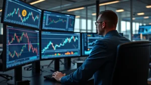 Professional cryptocurrency trader analyzing Bitcoin charts on multiple monitors in modern financial office with blockchain network visualization displayed on screens, photorealistic style, no text or numbers visible