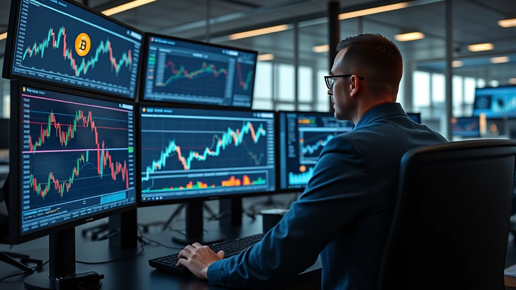 Professional cryptocurrency trader analyzing Bitcoin charts on multiple monitors in modern financial office with blockchain network visualization displayed on screens, photorealistic style, no text or numbers visible