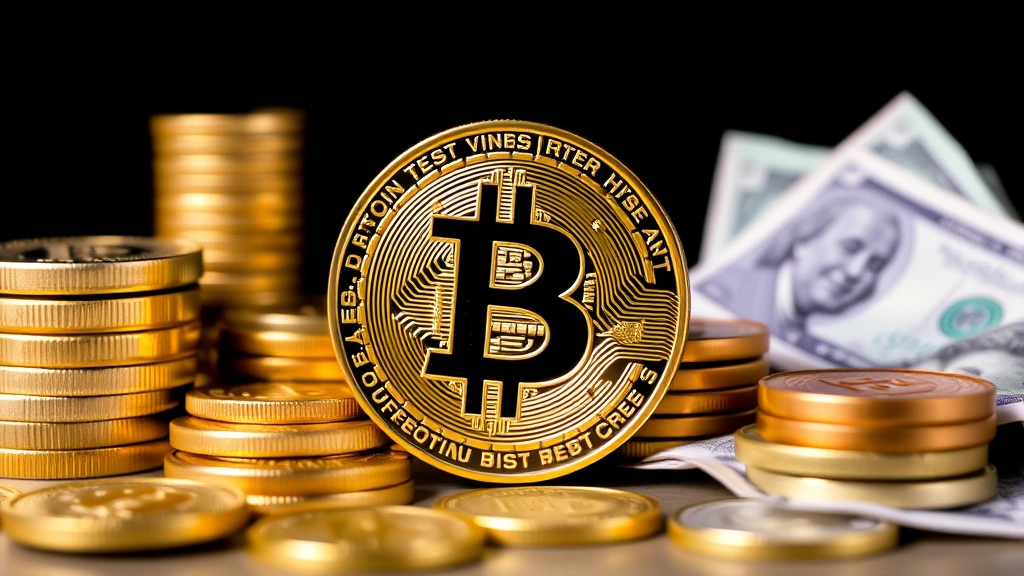 High-quality photograph of Bitcoin physical representation alongside traditional financial assets like gold coins and currency, symbolizing Bitcoin's role as alternative investment, professional lighting, no labels
