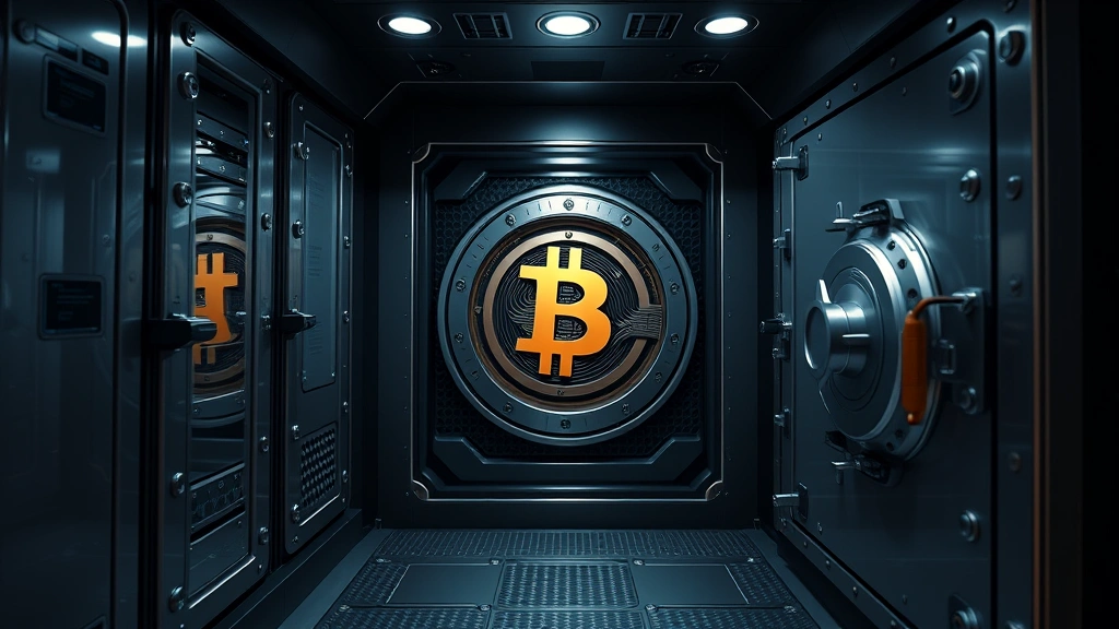 Detailed photorealistic image of a secure cryptocurrency vault with advanced security features, representing institutional-grade custody solutions and secure Bitcoin storage practices, no text visible