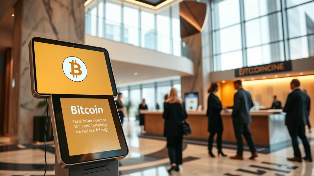 Modern luxury hotel lobby with digital payment terminal and Bitcoin logo displayed on sleek touchscreen, contemporary architecture with marble and glass, guests in business attire checking in, warm lighting