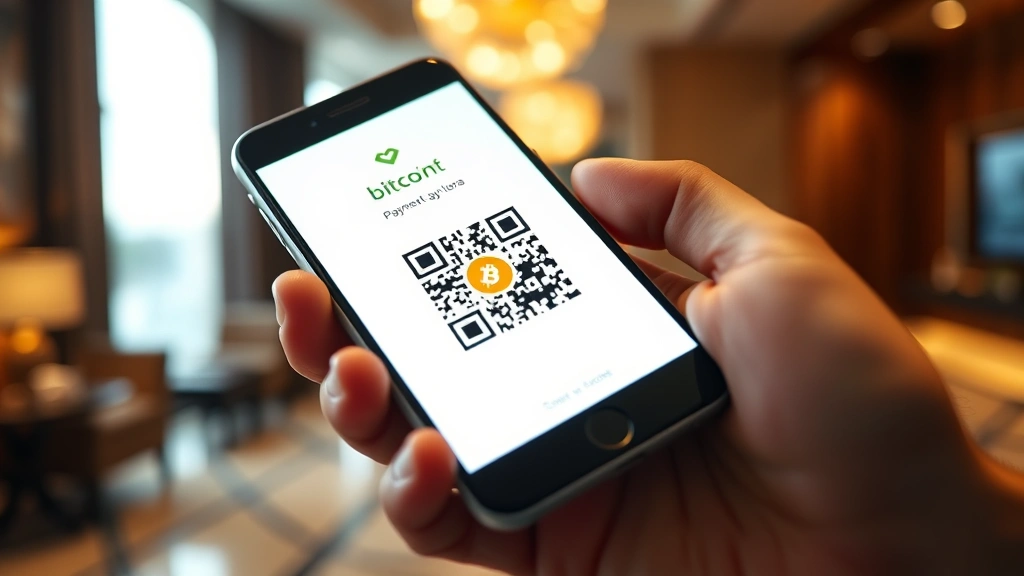 Close-up of smartphone showing Bitcoin QR code payment interface on bright screen, person's hand holding phone, modern payment gateway display with Bitcoin symbol, blurred hotel background, professional setting