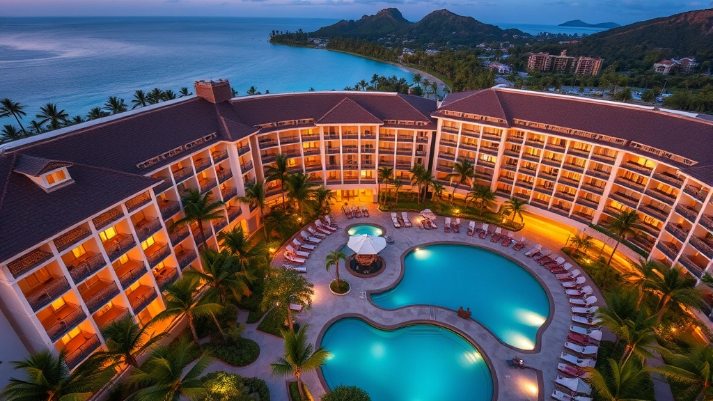 Aerial view of upscale resort property with multiple buildings, swimming pool, cryptocurrency-friendly amenities visible, modern architecture blending with tropical landscape, sunset lighting, representing hospitality innovation