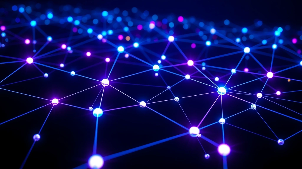 Photorealistic image of a digital blockchain network with glowing nodes and transaction flows, showing Bitcoin data packets traveling through interconnected pathways with vibrant blue and purple lighting against a dark background