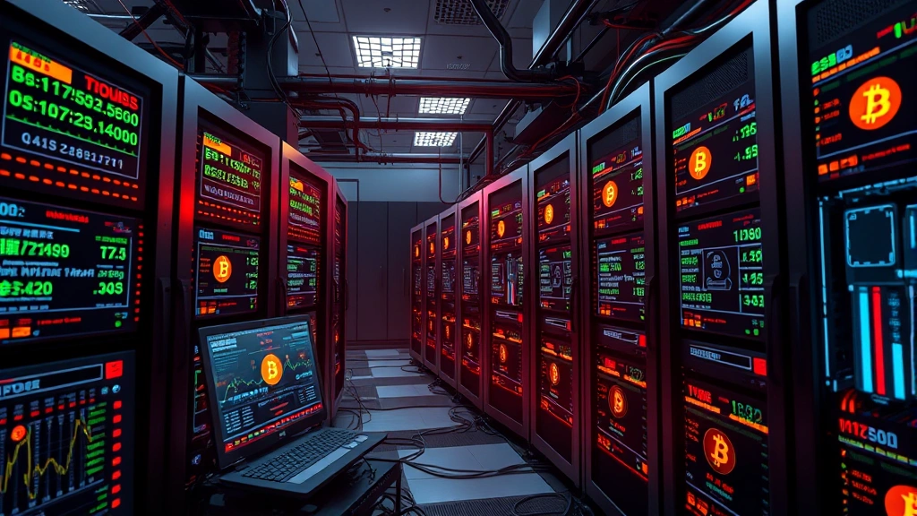 Realistic visualization of a Bitcoin mining operation with multiple high-powered computers processing transactions, showing digital displays with transaction data and network statistics in a modern data center environment