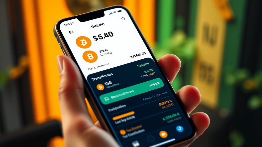 Photorealistic illustration of a Bitcoin wallet interface on a smartphone screen with transaction confirmation progress, displaying satoshi amounts, fee rates, and block confirmations in real-time monitoring view
