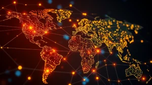 Digital visualization of Bitcoin blockchain network with nodes connected by glowing lines, representing distributed ledger technology and cryptocurrency transactions flowing across a global network infrastructure