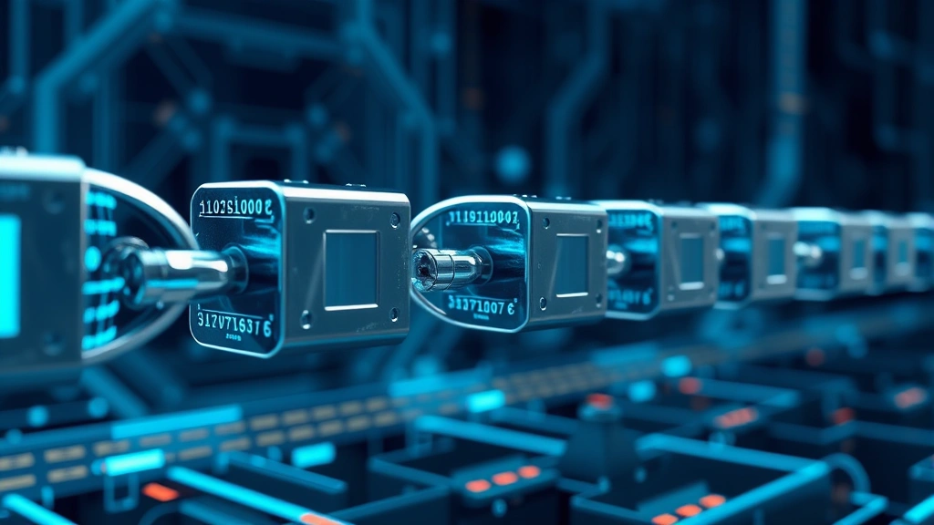 Photorealistic 3D representation of blockchain blocks being added to a chain, showing cryptographic hashing processes and transaction confirmation mechanisms in an abstract technological environment