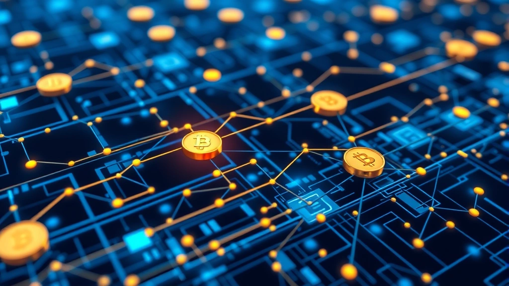 Detailed visualization of cryptocurrency transaction flow through the blockchain, showing digital wallets, network nodes, and data packets moving in a secure decentralized network with blue and gold color scheme