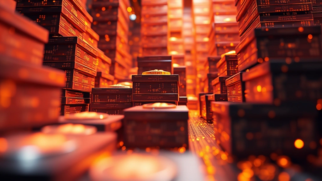 Photorealistic 3D representation of a blockchain ledger with stacked digital blocks descending into perspective, metallic Bitcoin symbols integrated throughout, warm and cool lighting creating depth, completely abstract no text elements