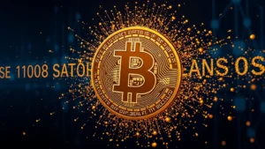 Photorealistic image of a glowing Bitcoin coin splitting into 100 million smaller digital particles representing satoshis, with blockchain nodes visible in background, deep blue and gold color scheme, no text