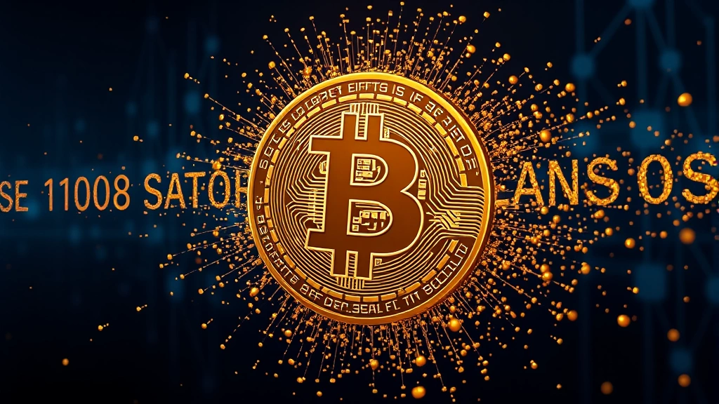 Photorealistic image of a glowing Bitcoin coin splitting into 100 million smaller digital particles representing satoshis, with blockchain nodes visible in background, deep blue and gold color scheme, no text