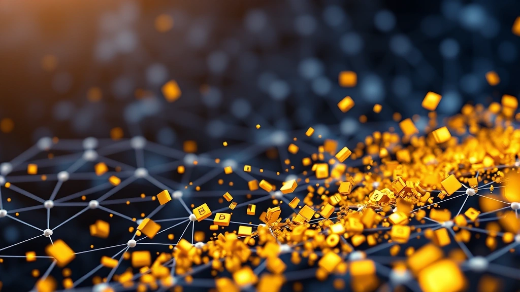 Photorealistic visualization of cryptocurrency transaction flow with satoshi units represented as golden digital fragments dispersing across network nodes, abstract blockchain infrastructure in background, clean modern design, no labels or text