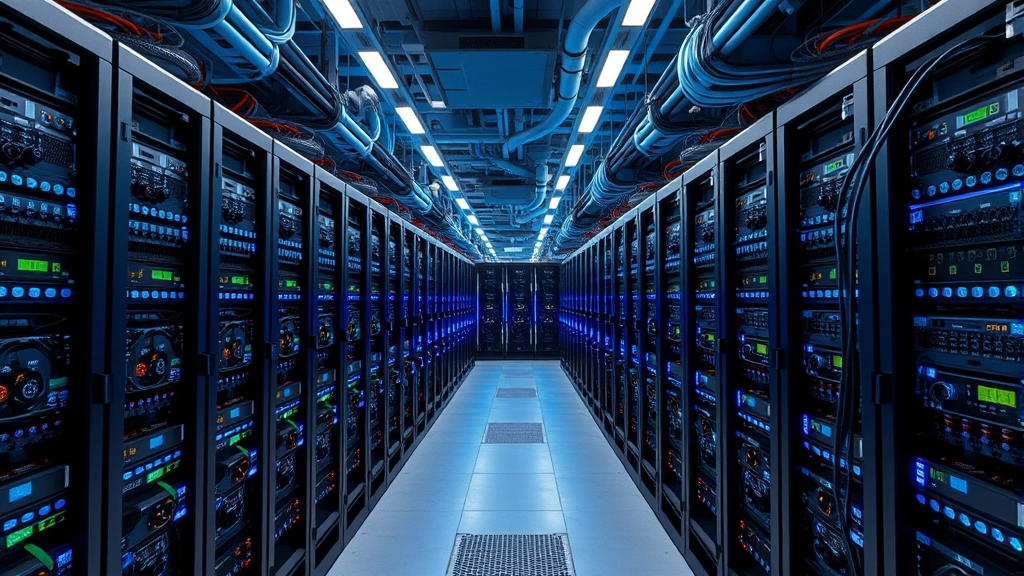 Industrial Bitcoin mining facility with rows of ASIC mining rigs, blue LED lights, cooling systems, and cables organized neatly, realistic photography of modern cryptocurrency mining warehouse