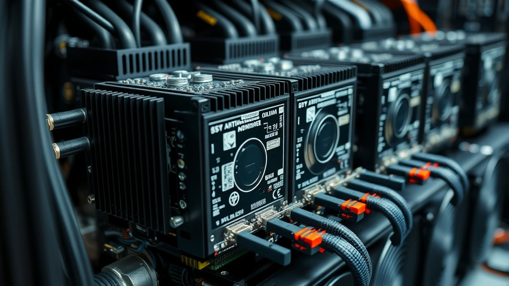Close-up detailed view of Antminer S19 Pro ASIC mining hardware showing circuit boards, heat sinks, and power connectors in a professional mining setup environment