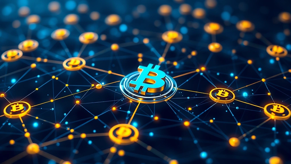 Digital visualization of Bitcoin network nodes and blockchain architecture in blue and gold tones, showing interconnected cryptocurrency infrastructure with glowing pathways representing data flow