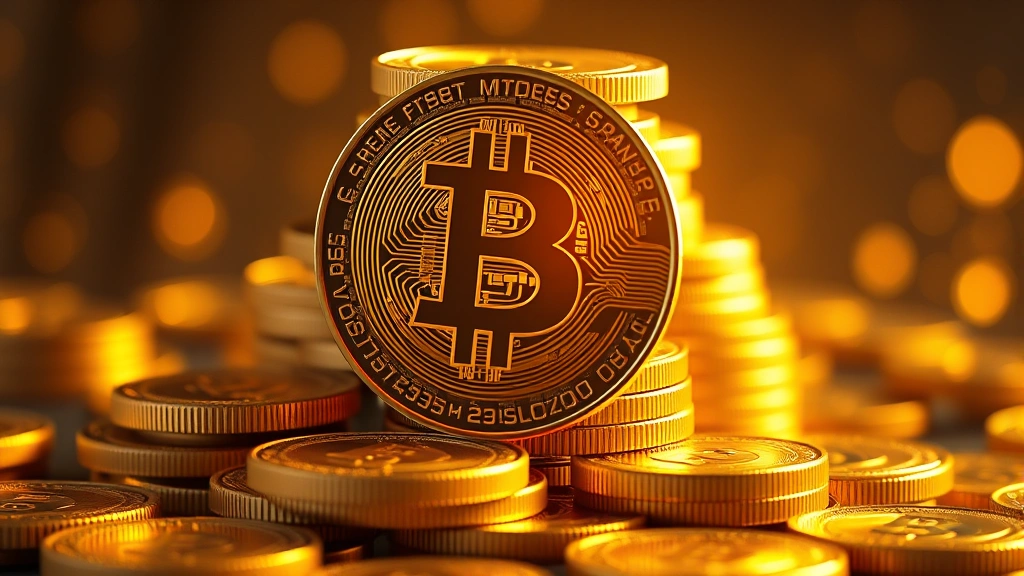 Digital Bitcoin coins stacked in a pile, glowing with golden light, representing cryptocurrency wealth and digital assets, photorealistic 3D rendering
