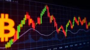 Photorealistic image of a sleek cryptocurrency exchange interface displaying Bitcoin price charts with glowing numbers and candlestick patterns on a dark background, showing active trading activity