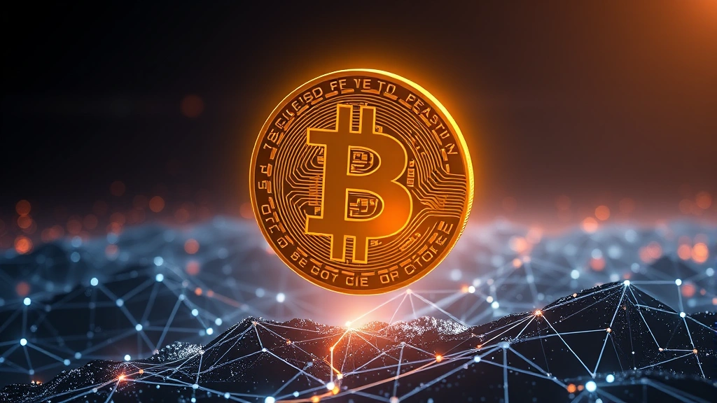 Photorealistic image of a glowing Bitcoin coin floating above a digital landscape with blockchain network nodes visible in the background, professional lighting, no text