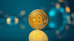 Photorealistic image of a physical Bitcoin coin with holographic security features reflected in a polished surface, surrounded by soft blue and gold lighting, representing cryptocurrency value and security in modern finance