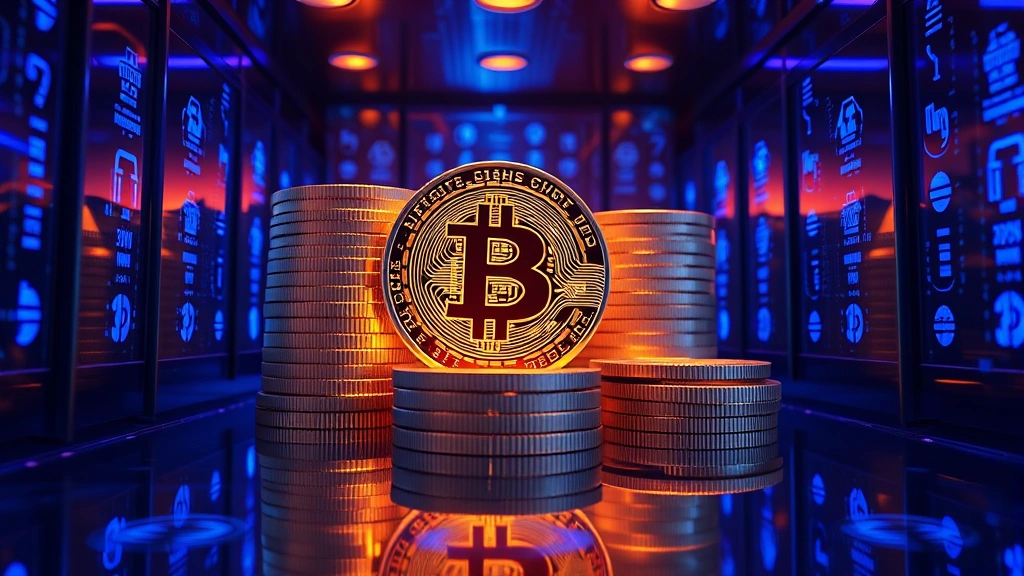 Photorealistic image of glowing Bitcoin coins stacked in a secure vault with blue LED lighting and blockchain patterns reflecting on polished surfaces, no text, crypto asset security concept