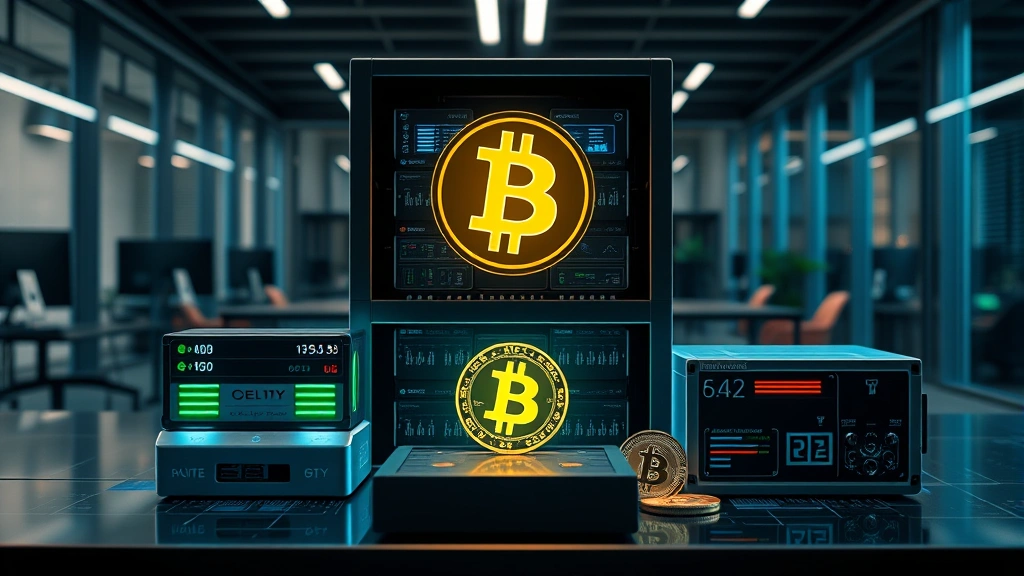 Secure cryptocurrency cold storage setup showing hardware wallet devices and security layers with protective visualization, emphasizing digital asset protection and custody solutions in modern office environment