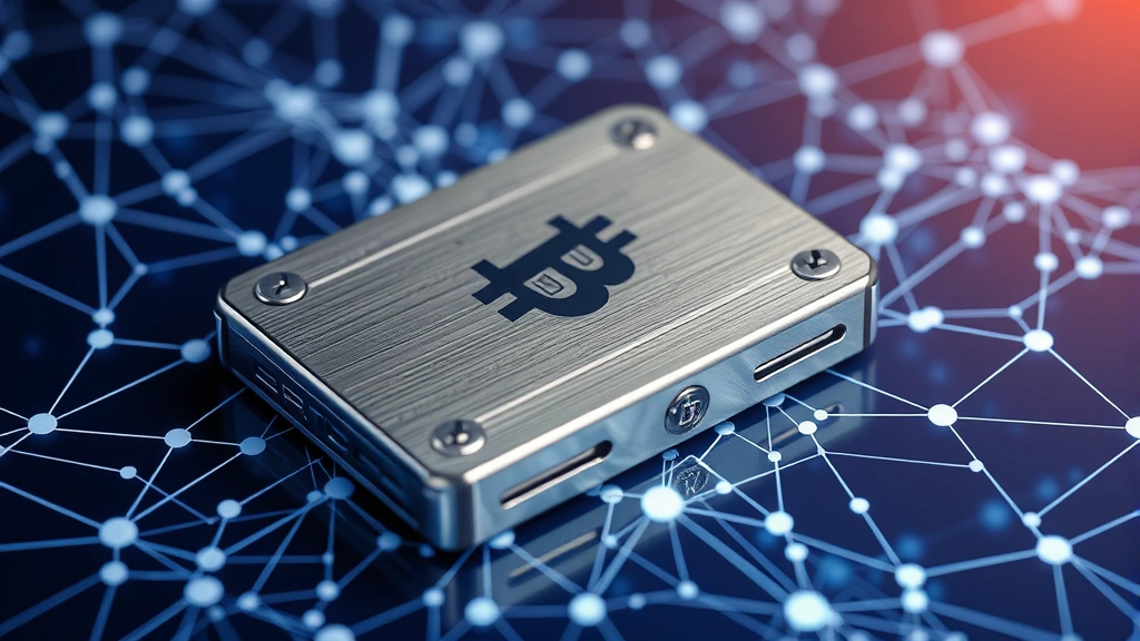 Secure cryptocurrency hardware wallet with metallic finish surrounded by blockchain network visualization, representing security and digital asset protection