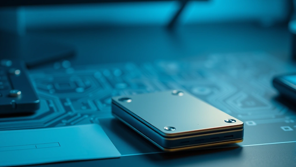 Photorealistic image of a secure hardware wallet device on a desk with soft blue ambient lighting and subtle circuit patterns in the background, no labels or text