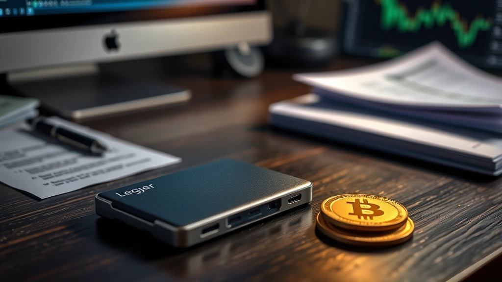 Photorealistic photograph of a secure hardware wallet device (like Ledger) on a dark wooden desk with soft backlighting, surrounded by papers and a computer screen, depicting professional Bitcoin storage and security practices
