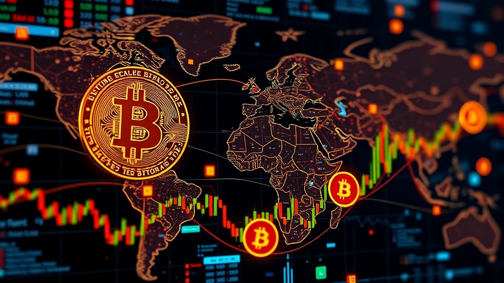 Global financial markets integration showing Bitcoin alongside traditional assets, depicting institutional adoption with trading screens, charts, and digital currency flow across worldwide networks