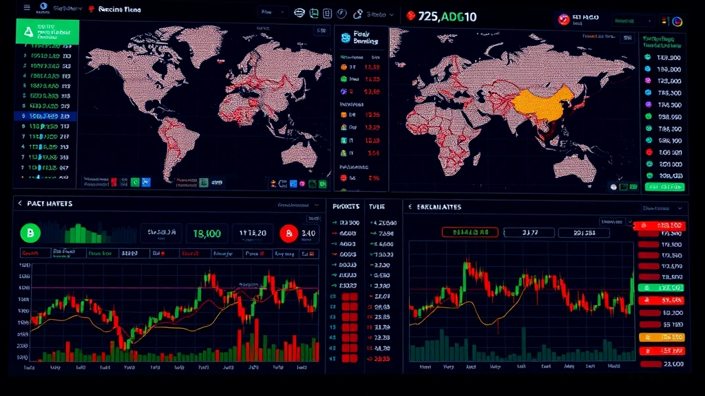 Global cryptocurrency market dashboard with multiple trading terminals showing live data, representing institutional Bitcoin investment and market analysis