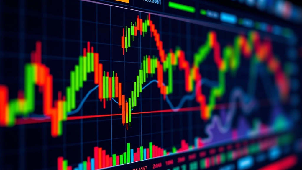 Photorealistic image of a digital trading dashboard showing candlestick price movements with vibrant colors, abstract financial visualization, completely text-free composition