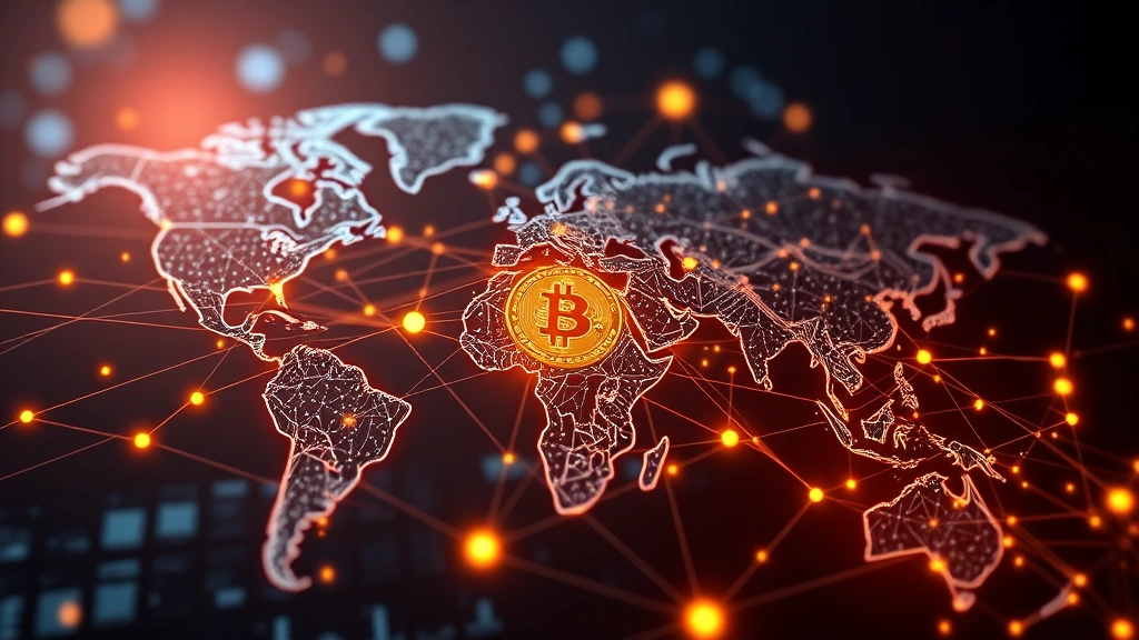Photorealistic image of a global financial network visualization with interconnected nodes and glowing pathways, representing Bitcoin's worldwide market connectivity and institutional adoption across multiple exchanges and regions