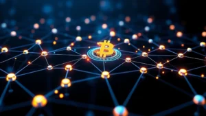 Futuristic digital representation of Bitcoin blockchain network with glowing nodes and connections, cryptocurrency security concept, no text or numbers