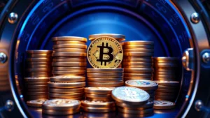 Digital Bitcoin coins stacked in a secure vault with blue-tinted lighting, representing cryptocurrency wealth and secure storage, photorealistic 3D rendering