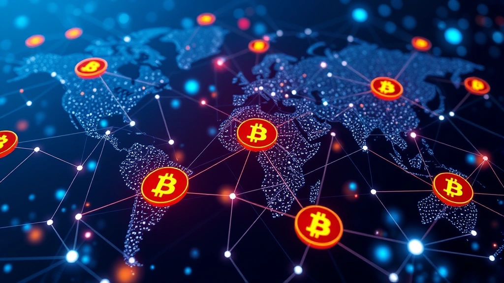 Abstract blockchain network visualization with interconnected nodes and Bitcoin symbols, showing market trading activity and global connectivity across digital landscape