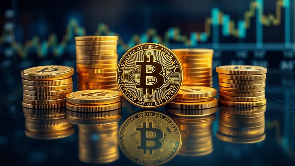 Photorealistic image of golden Bitcoin coins arranged in stacks on a dark reflective surface with soft blue lighting and financial data visualization in blurred background