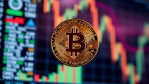 High-resolution close-up of Bitcoin physical representation with blurred financial charts and trading screens in background, professional lighting, cryptocurrency market context