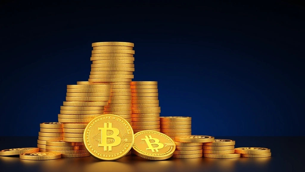 Photorealistic image of golden Bitcoin coins stacked in ascending pyramid formation against dark blue gradient background, representing wealth accumulation and value growth