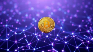 Photorealistic image of golden Bitcoin coin floating above a digital landscape with blockchain nodes and network connections glowing in blue and purple, representing Bitcoin's decentralized nature and value in the digital economy