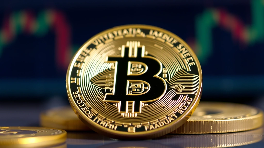 Detailed close-up photograph of physical Bitcoin representation with metallic texture, showing intricate design details against gradient background of market charts in soft focus