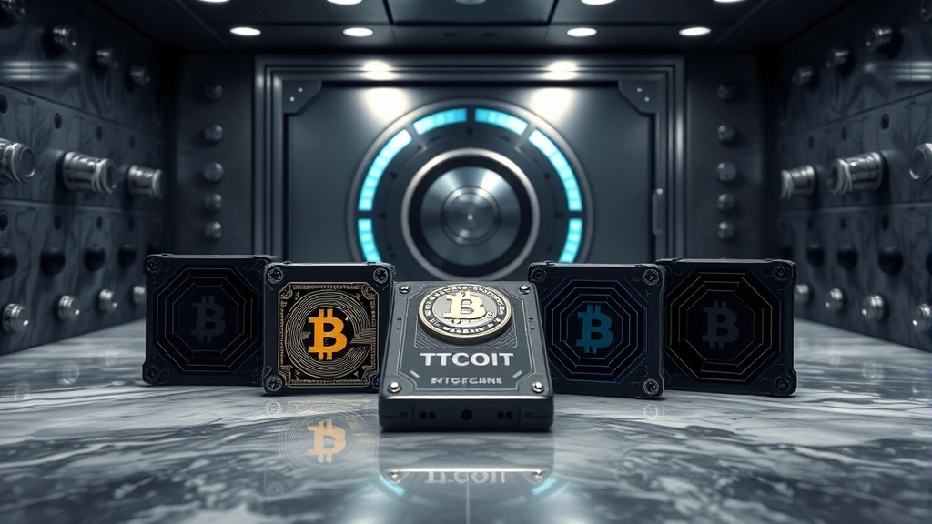 Secure cryptocurrency vault environment with multiple hardware wallets displayed on marble surface, soft professional lighting, emphasizing security and protection of digital assets