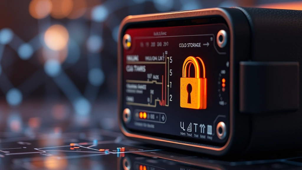 Photorealistic close-up of a cold storage hardware wallet device displaying security features, with subtle blockchain network visualization in the background