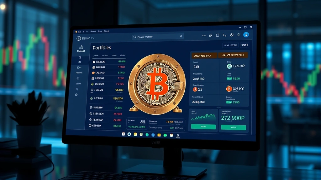 Photorealistic scene of digital cryptocurrency portfolio on modern computer screen displaying Bitcoin wallet interface with secure vault symbolism and financial graphs in background